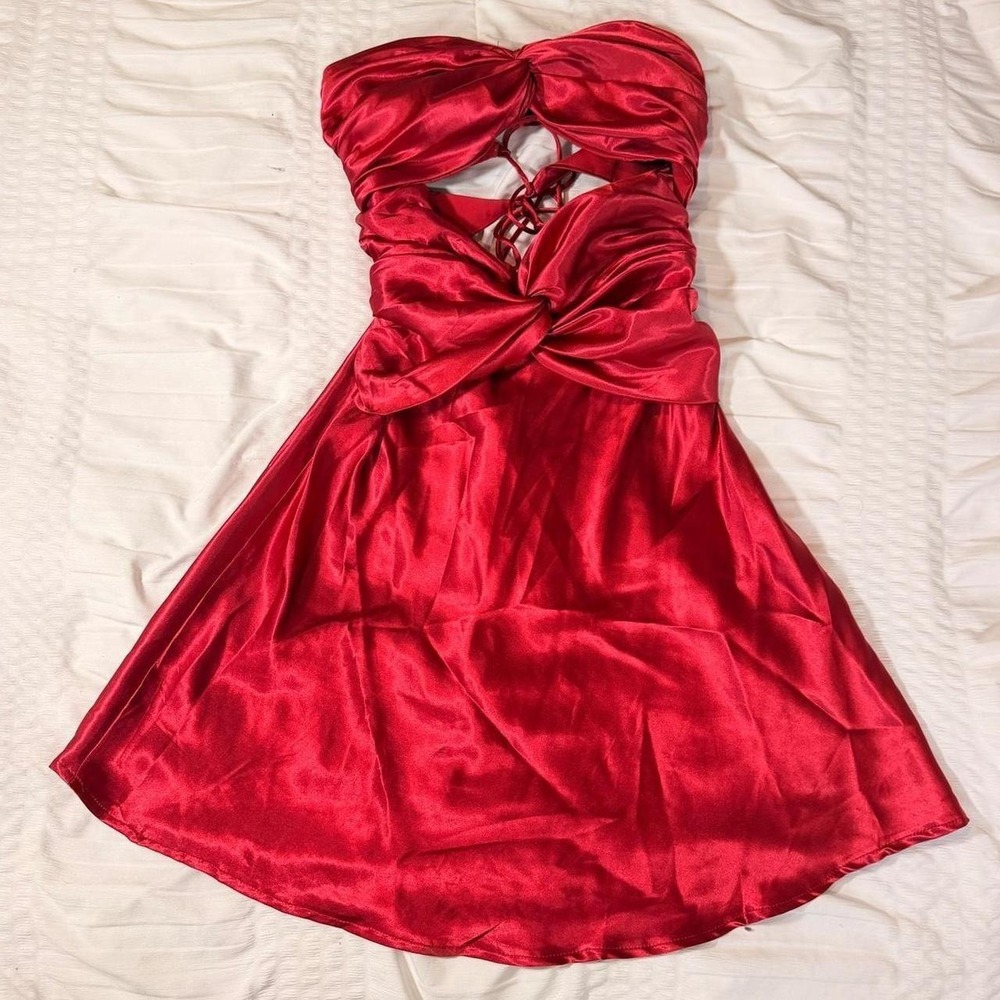 American Threads Red Satin Strapless Cutout Lace Up Mini Dress Small - Picture 2 of 8
